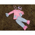 baby girls gray chevron pink ruffle pink pant set girls outfits with matching necklace and bow